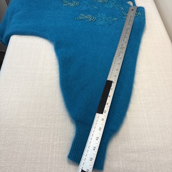 Lord & Taylor 80s Angora Teal Beaded Floral Fuzzy Sweater M - Picture 12 of 15